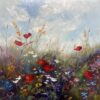 Vivid floral painting with red poppies, wildflowers and a bright blue sky, showcasing colourful botanical art.