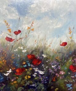 Vivid floral painting with red poppies, wildflowers and a bright blue sky, showcasing colourful botanical art.