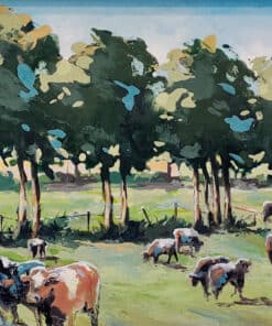 Vivid landscape painting of grazing cows beneath a line of trees on a farm in Kildare, Ireland.