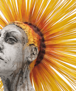 Intricate sculpture of a woman's face with yellow and orange sunburst background, blending modern artistic techniques with vibrant colours.