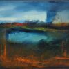 Vibrant landscape painting of a reflective lake under a blue sky with distant mountains and fiery accents, showcasing contemporary Irish art.