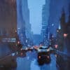 Vibrant cityscape painting featuring wet streets and illuminated buildings during twilight.