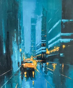 Vivid cityscape painting of urban streets at night with glowing lights and towering buildings, capturing a vibrant metropolitan atmosphere.