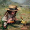 Girl with a straw hat feeding a duck in a natural setting.