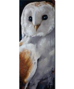 Elegant owl painted artwork with striking black eyes and detailed feather textures.
