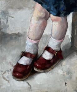 Children's legs in vintage shoes, partly clothed, painted in an impressionist style.