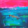 Vibrant abstract landscape painting with bold pink, blue, green, and orange colours.