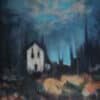 Village house at dusk with moody sky, in moody colours, inspired by Irish landscapes.