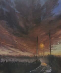 Stormy sunset over country road with power poles and dramatic sky, Irish landscape art by The Kildare Gallery.