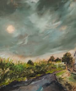 Vibrant landscape painting of a cloudy sky over lush green trees and a white shed, displayed at The Kildare Gallery.