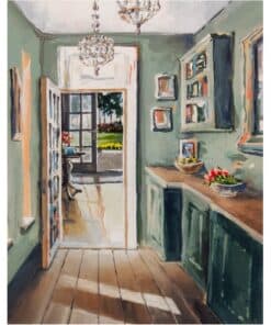 Vibrant watercolor interior of an art gallery with an open door to a garden, decorated with framed artworks and floral arrangements.