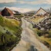 Rustic Irish countryside painting with dirt road and traditional cottages.