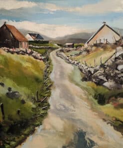 Rustic Irish countryside painting with dirt road and traditional cottages.