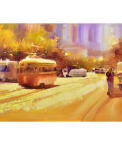 Colourful urban street scene with buses and pedestrians, captured in an artistic, painterly style.