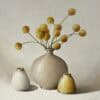 Soft yellow artificial flower arrangement in ceramic vases, modern home decor.