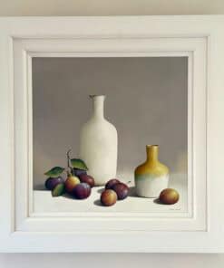 Vase still life with apples artwork displayed in white frame at The Kildare Gallery.