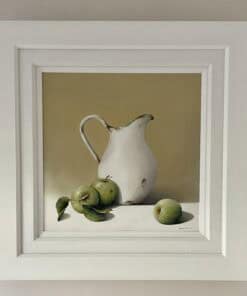 Fainting Couch, 2022, Richard Williams, Oil on Canvas, Still Life Painting of Apples and a White Jug.