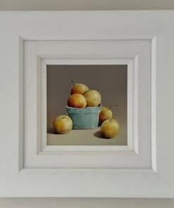 Ripe apples in a teal bowl, framed in textured white on neutral background, artwork from The Kildare Gallery.