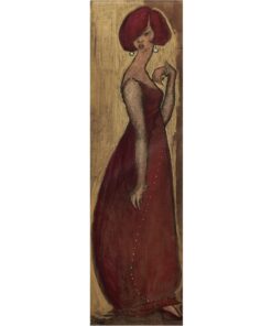 Elegant woman portrait in red gown with pearl jewellery, traditional fine art painting at The Kildare Gallery.