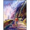Walking man and dog along a scenic mountain trail in vibrant, colorful landscape art.