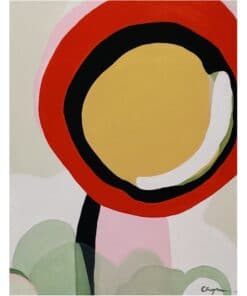 Vibrant abstract artwork featuring bold black, red, yellow, and pastel green shapes, displayed at The Kildare Gallery.
