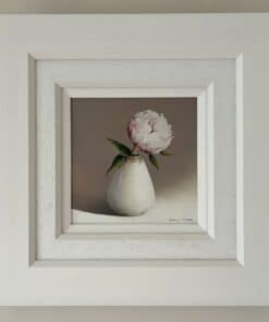 Delicate flower in white vase, framed artwork, floral art, Susan Curns.