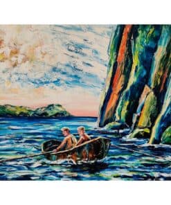 Vibrant landscape painting of two boys in a boat near towering cliffs and a colourful sky, showcasing Irish coastal scenery.