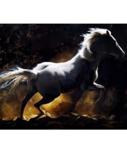 Vibrant painting of a grey horse running through a dynamic, abstract background, capturing movement and energy.