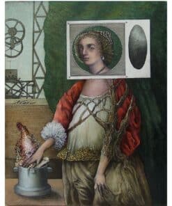 Intriguing surreal artwork at The Kildare Gallery with a portrait of a woman with a painted face overlay and industrial background.