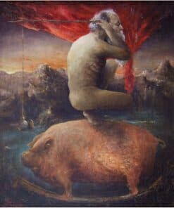 Ancient man with a bow and arrow on a mountain landscape background. Oil painting artwork at The Kildare Gallery.