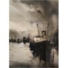Old fishing boats docked at a harbour, monochrome watercolour painting.