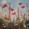 Vibrant floral painting of poppies and wildflowers against a blue sky, displayed at The Kildare Gallery.