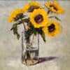 Sunflower bouquet in glass vase oil painting, vibrant yellow flowers and green leaves, artistic floral artwork, Kildare Gallery.