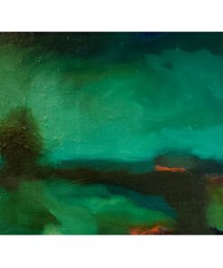 Vibrant abstract landscape painting with bold green, black, and orange tones, showcasing modern art at The Kildare Gallery.