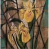 Vibrant yellow iris flowers with green leaves, set against a textured background for artistic floral display.