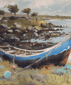 Old blue boat on rocky shoreline with trees and water in the background, in a landscape painting at The Kildare Gallery.