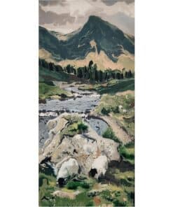 Skull and mountain landscape digital artwork, nature scene with stream and lush greenery, scenic view from The Kildare Gallery.