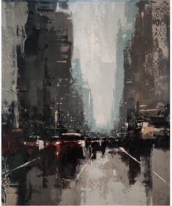 Vibrant city street painting with traffic and tall buildings in an impressionistic art style.