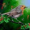 Vibrant painting of a European Robin perched on a branch against a lush green background.