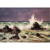 Vivid seascape painting showcasing waves crashing against rocks with a moody purple sky, highlighting Irish coastal scenery - available at The Kildare Gallery.