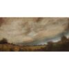 Misty countryside landscape in oil painting style, with rolling hills and dramatic sky.
