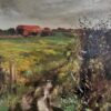 Rustic barn and lush green fields in a countryside landscape painting.