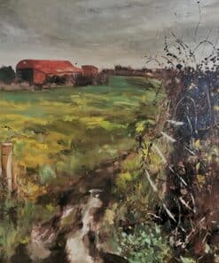 Rustic barn and lush green fields in a countryside landscape painting.