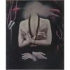 Intriguing contemporary art piece featuring a faceless figure with braided hair against a dark abstract background.