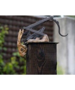 Rustic outdoor sculpture featuring a black metal saw and a carved wooden animal head at The Kildare Gallery.