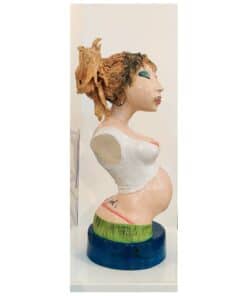 Vibrant mixed-media sculpture of a woman with exaggerated features, detailed hair, and colourful attire.