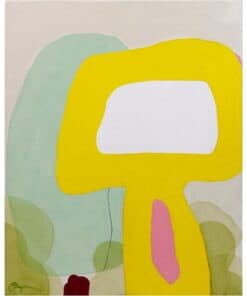 Vibrant abstract painting with bold yellow, pink, and pastel green elements, showcasing contemporary art at The Kildare Gallery.