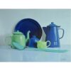 Colourful ceramic tea set with blue and green pieces, displayed at The Kildare Gallery.
