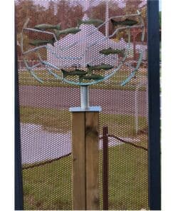 Contemporary metal and wood sculpture displayed outside The Kildare Gallery. Modern artwork with geometric design.