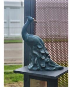 Elegant bronze peacock sculpture displayed outdoors at The Kildare Gallery.